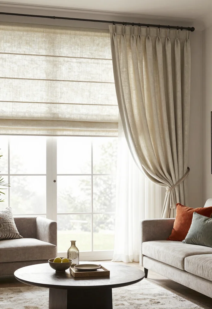 16 Living Room Blinds and Curtains Ideas Layered Window Style - 6. Roman Shades with Flowing Curtains 1