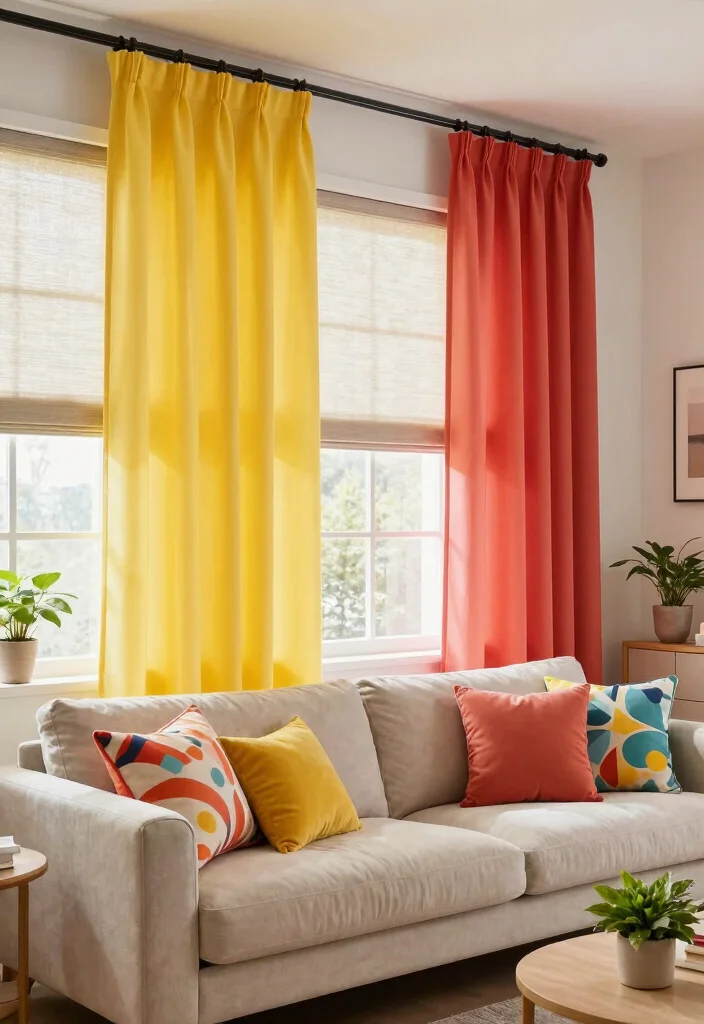 16 Living Room Blinds and Curtains Ideas Layered Window Style - 7. Colorful Layering 1