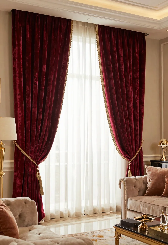 16 Living Room Blinds and Curtains Ideas Layered Window Style - 9. Textured Layers with Velvet 1