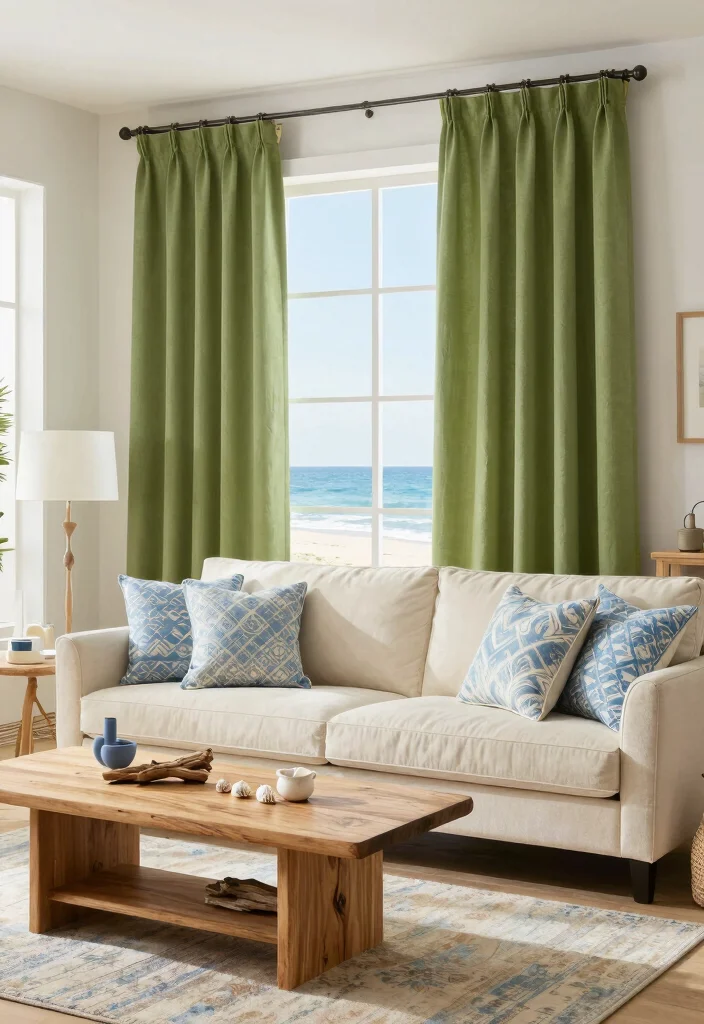 16 Olive Green Curtains Living Room Ideas Earthy Calm Touch - 10. Coastal Inspired with Olive Green and Blue 1