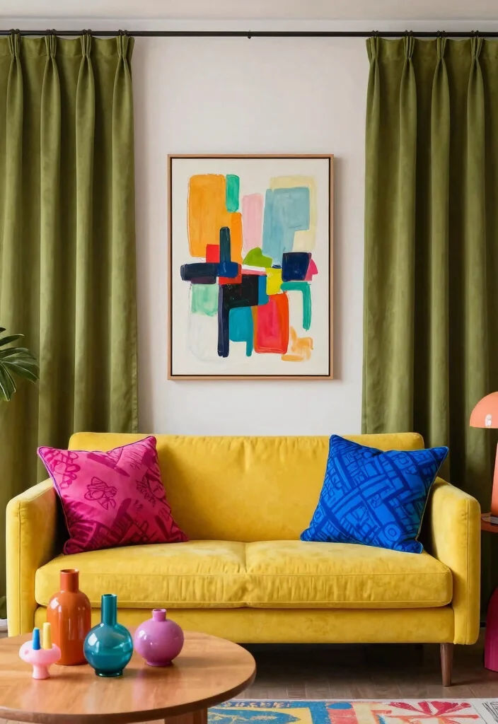 16 Olive Green Curtains Living Room Ideas Earthy Calm Touch - 11. Artistic Flair with Olive Green and Bold Colors 1