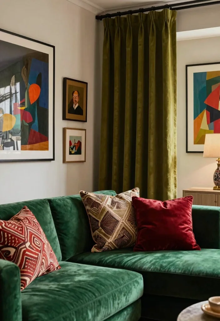 16 Olive Green Curtains Living Room Ideas Earthy Calm Touch - 12. Eclectic Style with Olive Green and Jewel Tones 1