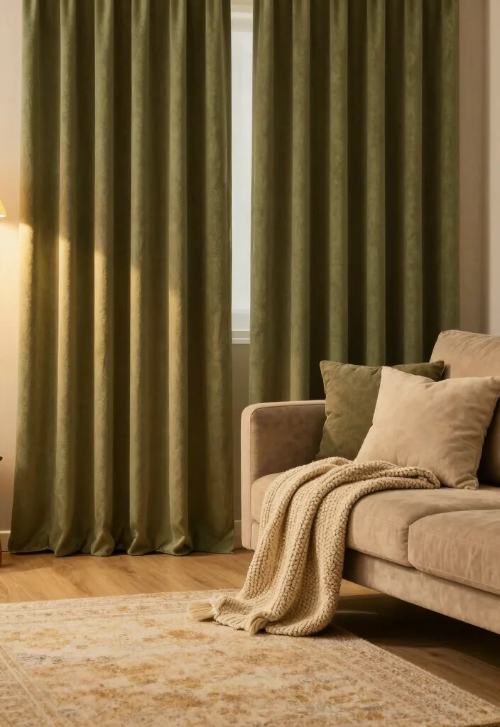 16 Olive Green Curtains Living Room Ideas Earthy Calm Touch - 14. Warm and Cozy with Olive Green and Soft Fabrics 1
