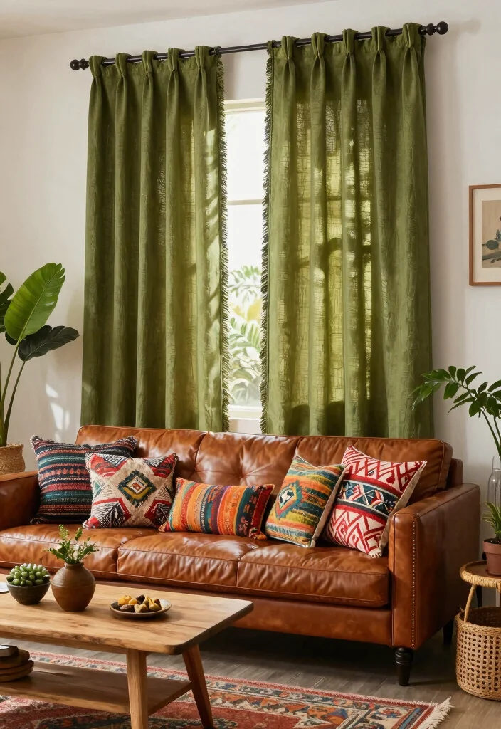 16 Olive Green Curtains Living Room Ideas Earthy Calm Touch - 2. Boho Vibes with Textured Olive Green Fabrics 1