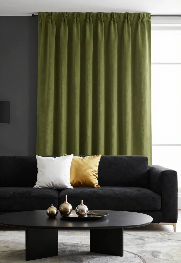 16 Olive Green Curtains Living Room Ideas Earthy Calm Touch - 4. Modern Edge with Olive Green and Black Contrast 1