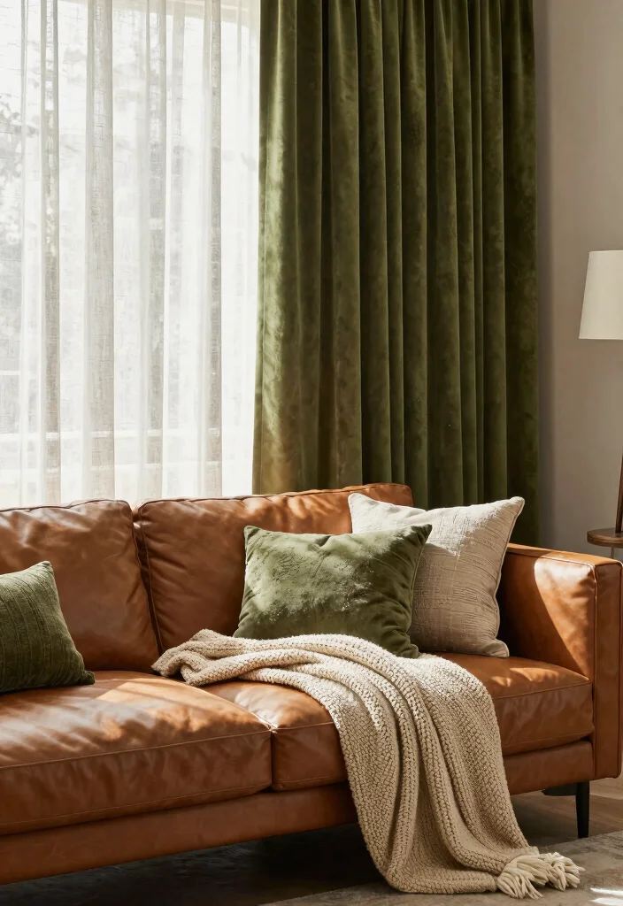 16 Olive Green Curtains Living Room Ideas Earthy Calm Touch - 6. Layering Textures with Olive Green Drapes 1
