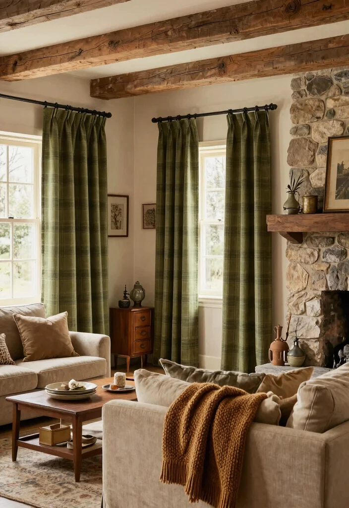16 Olive Green Curtains Living Room Ideas Earthy Calm Touch - 7. Rustic Retreat with Olive Green Plaid Curtains 1