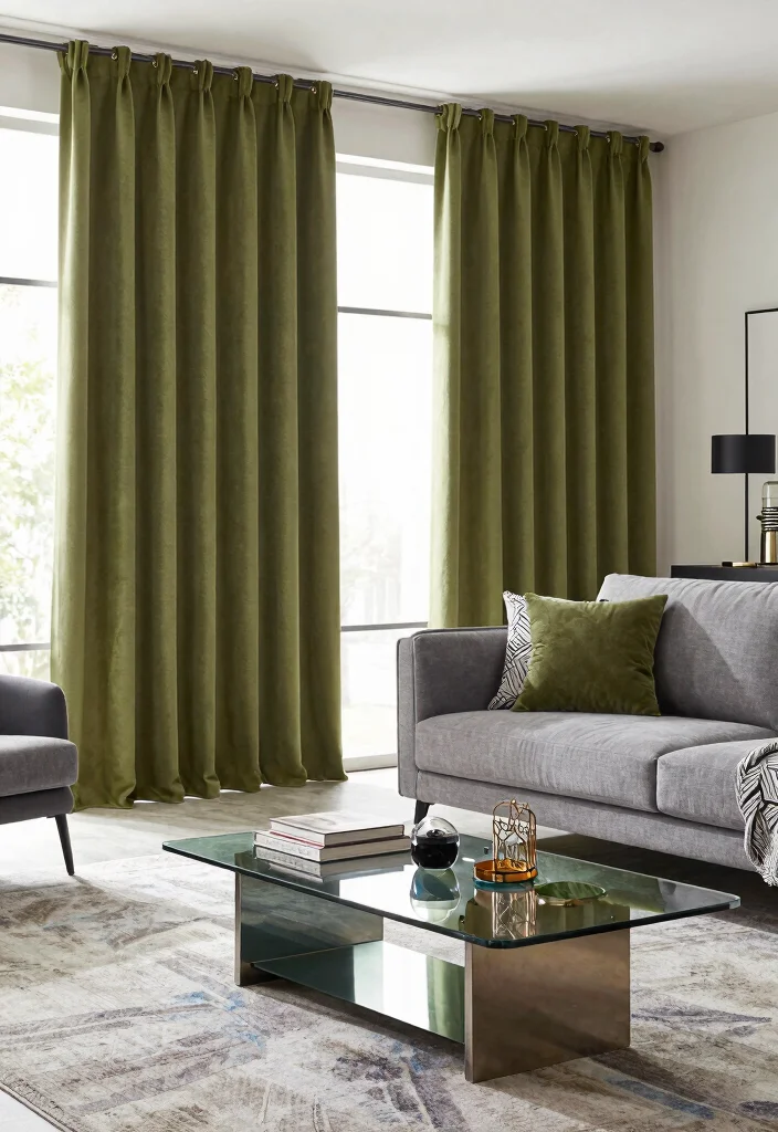 16 Olive Green Curtains Living Room Ideas Earthy Calm Touch - 8. Chic Urban Style with Olive Green and Grey 1