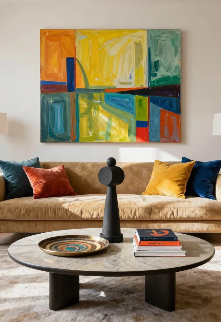 16 Oval Coffee Table Living Room Ideas: Soft Flowing Shape - 8. Accent with Art 1