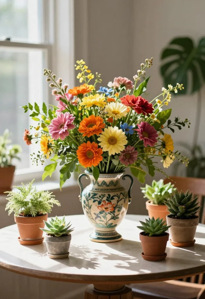 16 Round Table Decor Living Room Ideas for Soft Balanced Styling - 10. Fresh Flowers and Plants 1