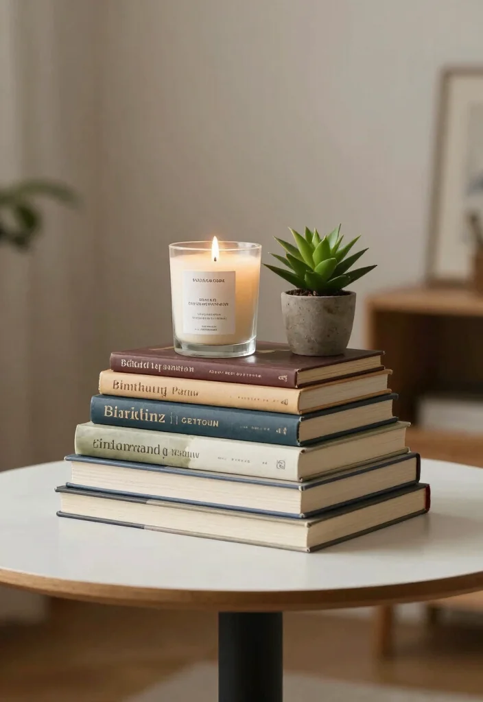 16 Round Table Decor Living Room Ideas for Soft Balanced Styling - 13. Incorporate Decorative Books 1