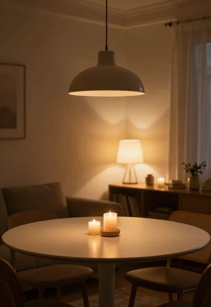 16 Round Table Decor Living Room Ideas for Soft Balanced Styling - 6. Layered Lighting 1