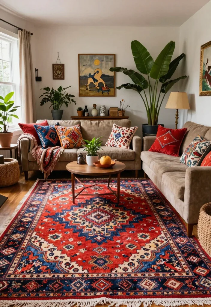 16 Rugs in Living Room Size Ideas: Get Proportions Right - 10. Bohemian Style: Free-Spirited Designs 1