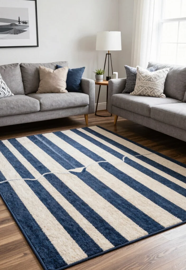 16 Rugs in Living Room Size Ideas: Get Proportions Right - 13. Stripe It Up: Dynamic Patterns 1