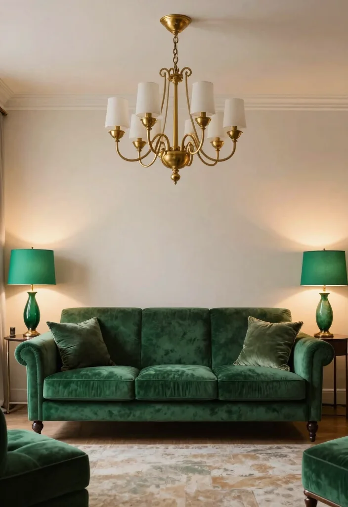 17 Emerald Green Living Room Decor Ideas Rich Luxe Vibes - 11. Statement Lighting 1