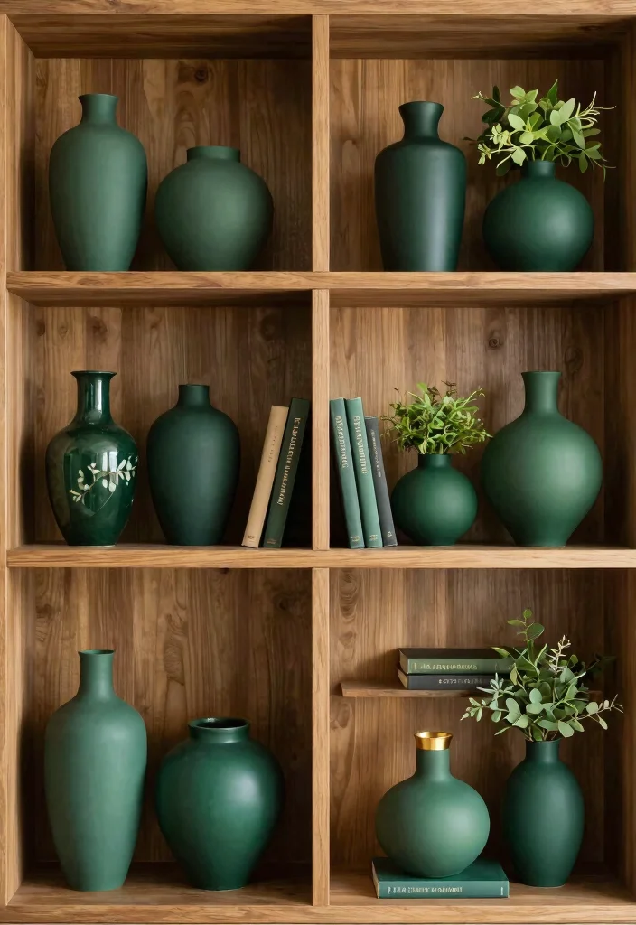 17 Emerald Green Living Room Decor Ideas Rich Luxe Vibes - 13. Emerald Green Decor on Shelving 1