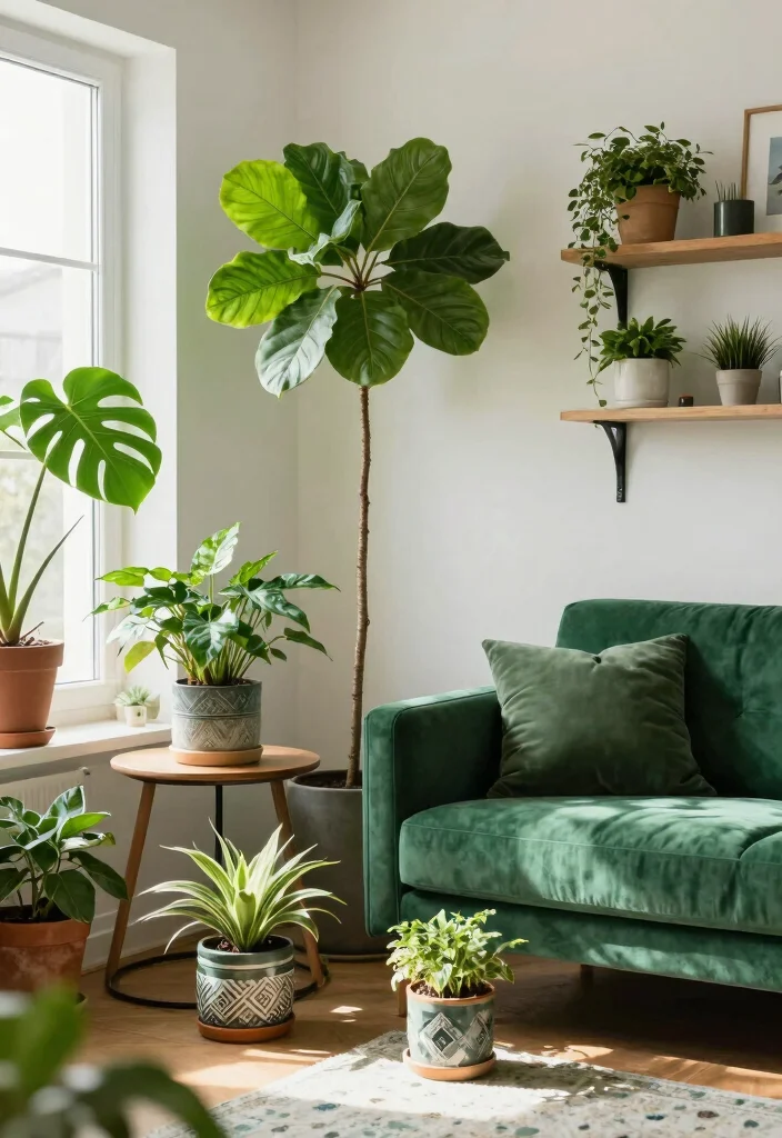 17 Emerald Green Living Room Decor Ideas Rich Luxe Vibes - 8. Indoor Plants 1