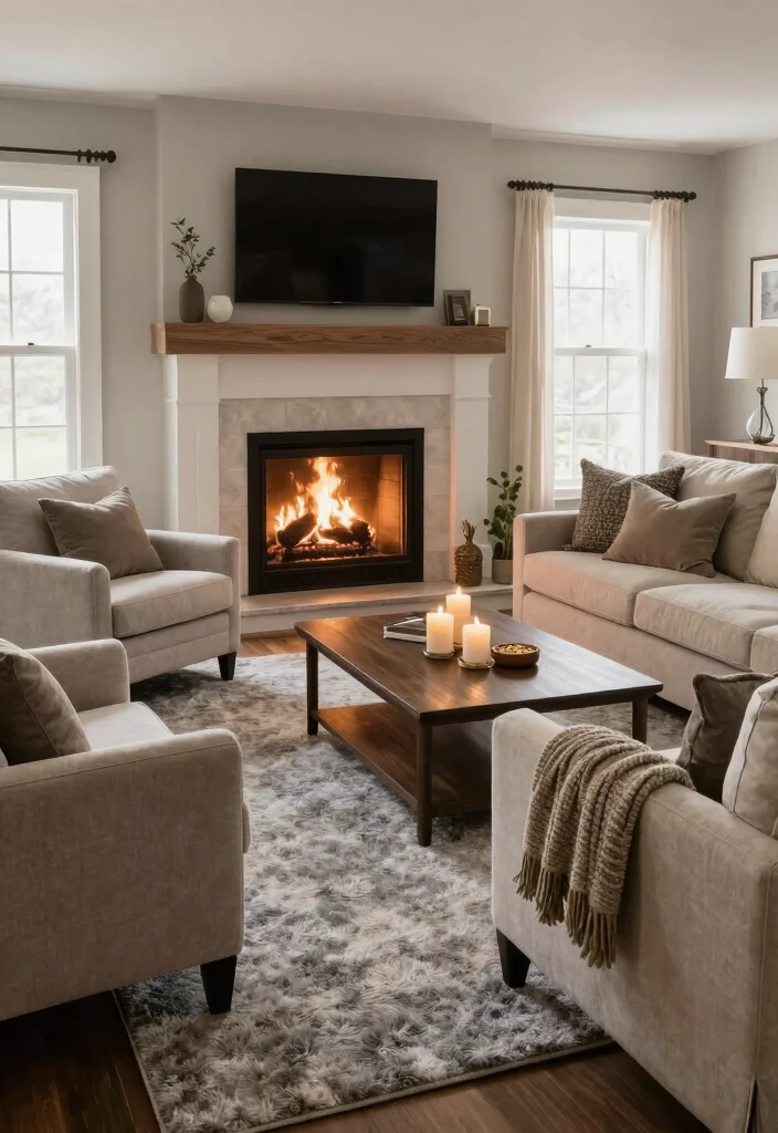 17 Gray Rug Living Room Ideas: Neutral Modern Base - 10. Cozy Fireplace Setting 1