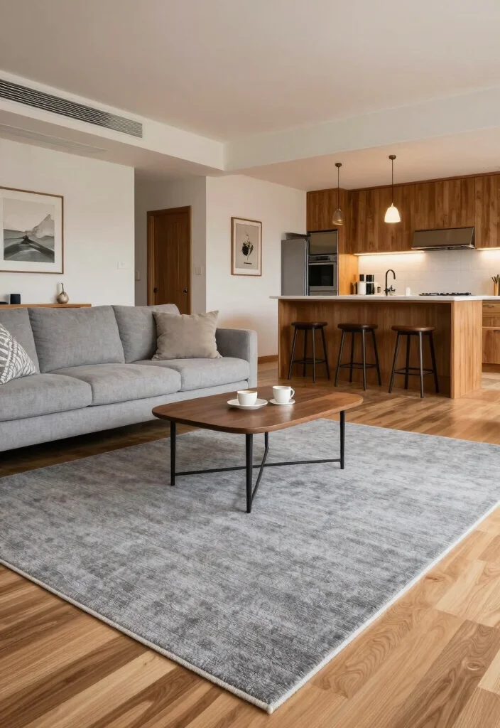17 Gray Rug Living Room Ideas: Neutral Modern Base - 11. Open Concept Integration 1