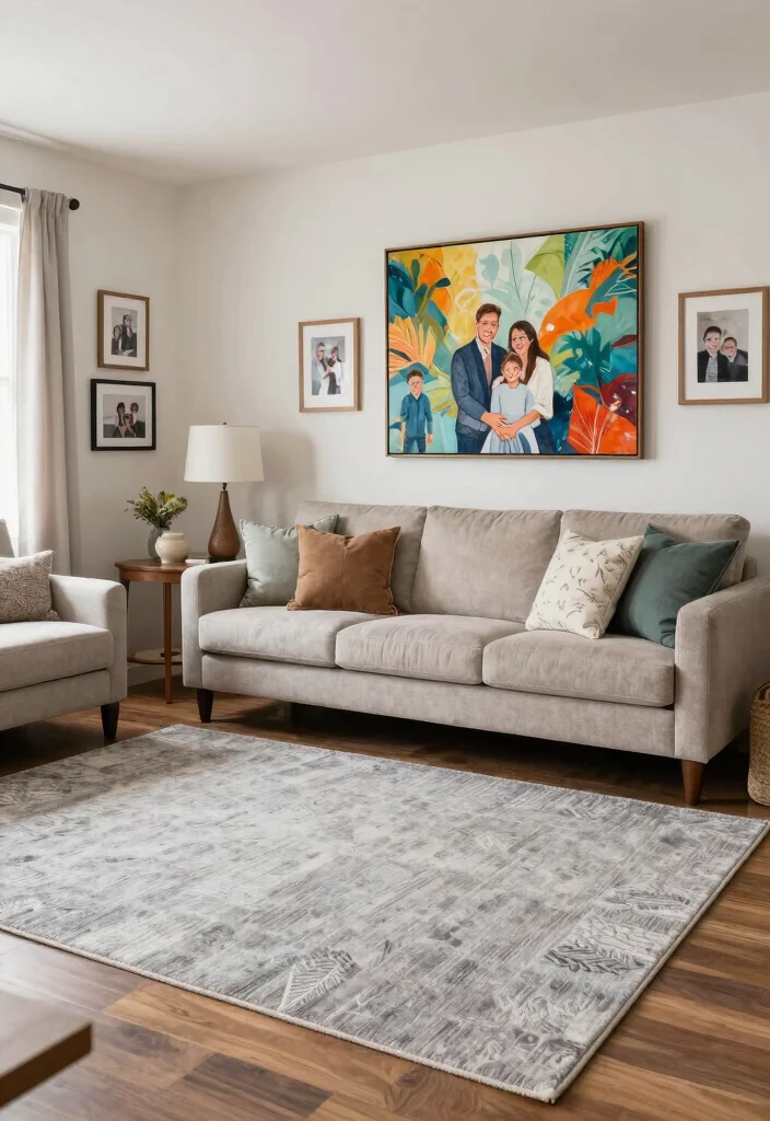 17 Gray Rug Living Room Ideas: Neutral Modern Base - 12. Personal Touches 1
