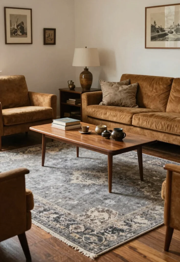 17 Gray Rug Living Room Ideas: Neutral Modern Base - 16. Vintage-Inspired Designs 1