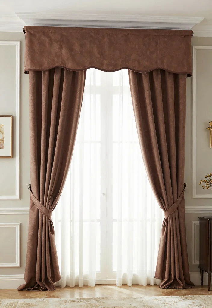 17 Layered Curtains Living Room Ideas: Depth, Texture, and Style - 11. Layered Curtains with Valances for Added Elegance 1
