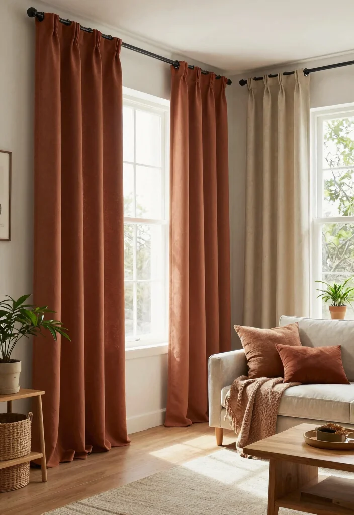 17 Layered Curtains Living Room Ideas: Depth, Texture, and Style - 4. Earthy Tones for Natural Vibes 1