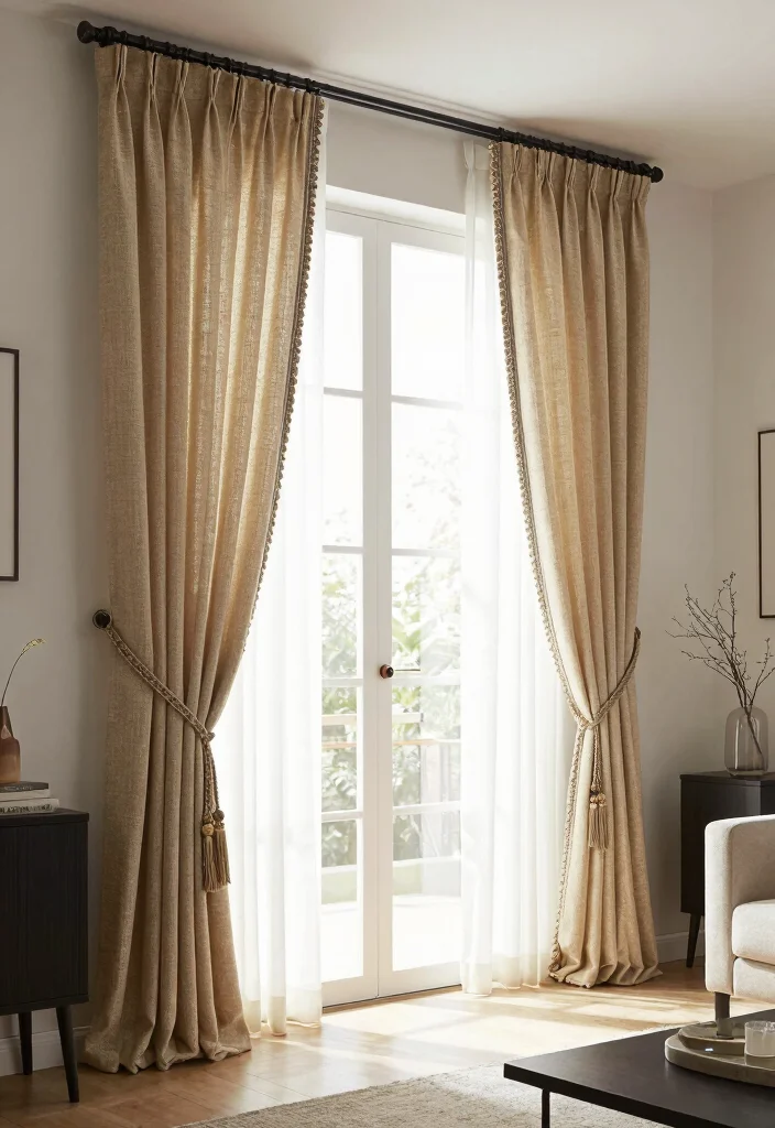 17 Layered Curtains Living Room Ideas: Depth, Texture, and Style - 8. Layered Curtain Ties for Added Style 1