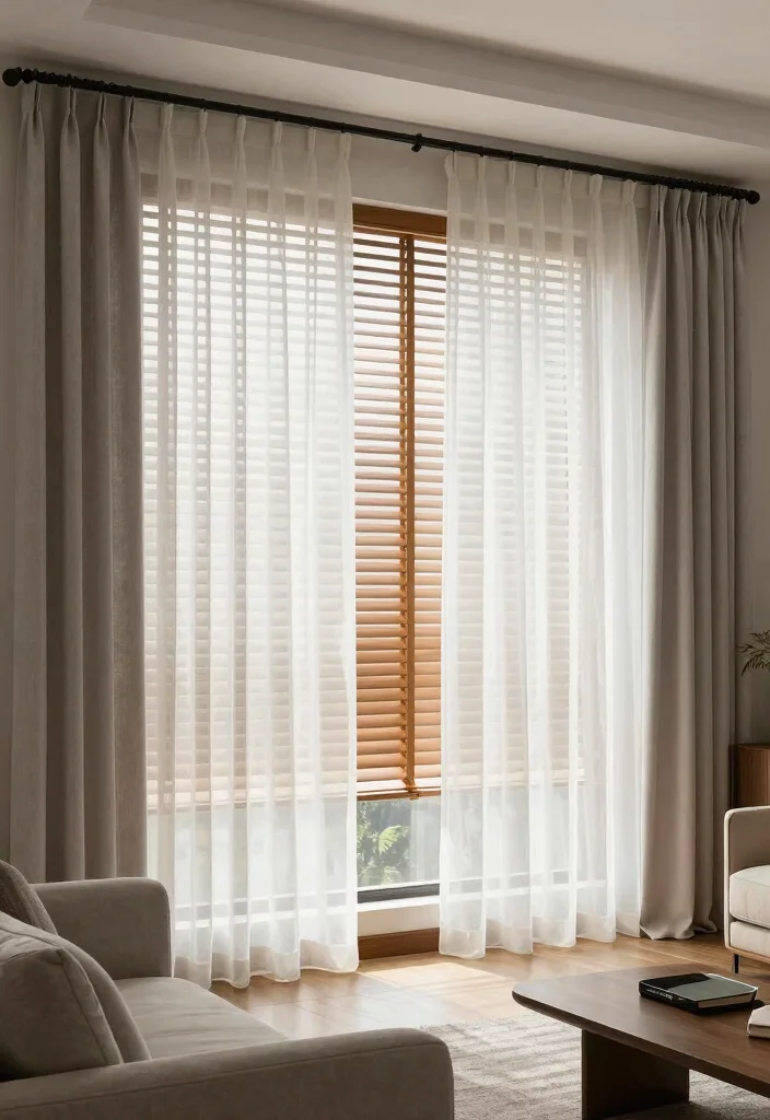 17 Layered Curtains Living Room Ideas: Depth, Texture, and Style - 9. Layering with Blinds for Versatility 1