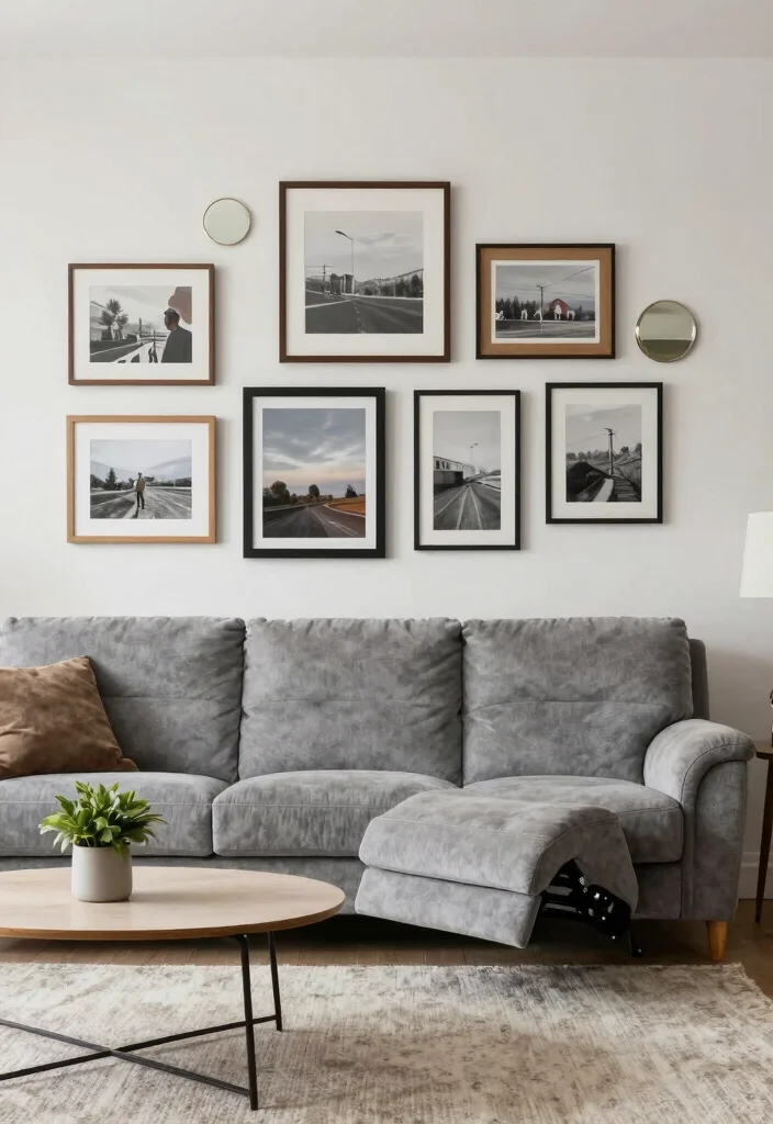 17 Recliner Sofa Living Room Decor Ideas for Relaxed Functional Style - 5. Artful Wall Arrangements 1