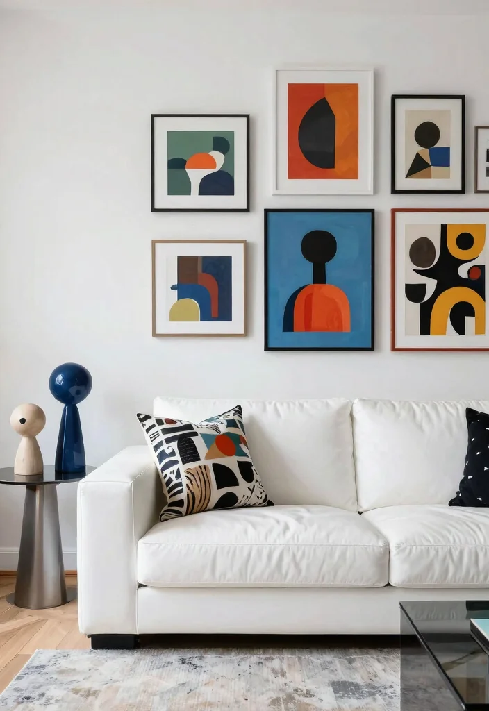 17 White Leather Couch Living Room Ideas: Sleek Modern Luxury - 5. Modern Art Infusion 1