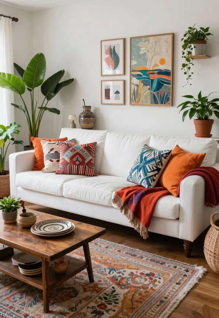 17 White Leather Couch Living Room Ideas: Sleek Modern Luxury - 6. Cozy Bohemian Vibes 1