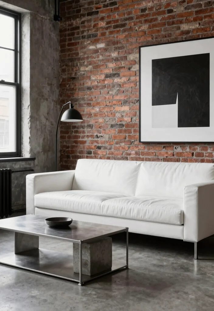 17 White Leather Couch Living Room Ideas: Sleek Modern Luxury - 7. Urban Industrial Flair 1