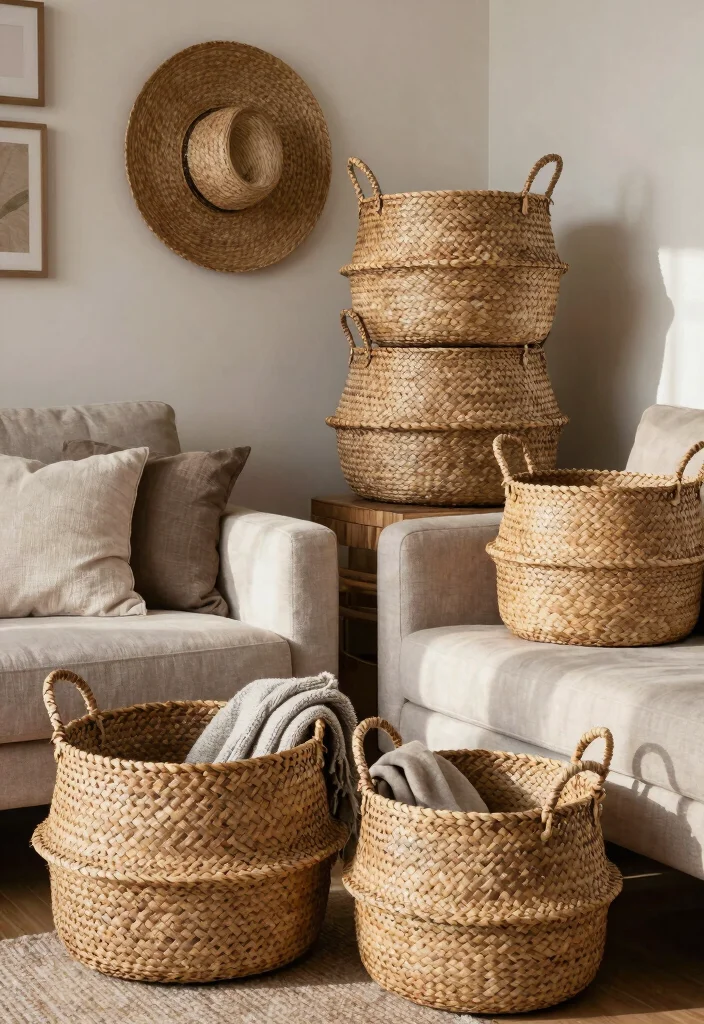 18 Affordable Living Room Decor Ideas Stylish on a Budget - 14. Woven Baskets 1