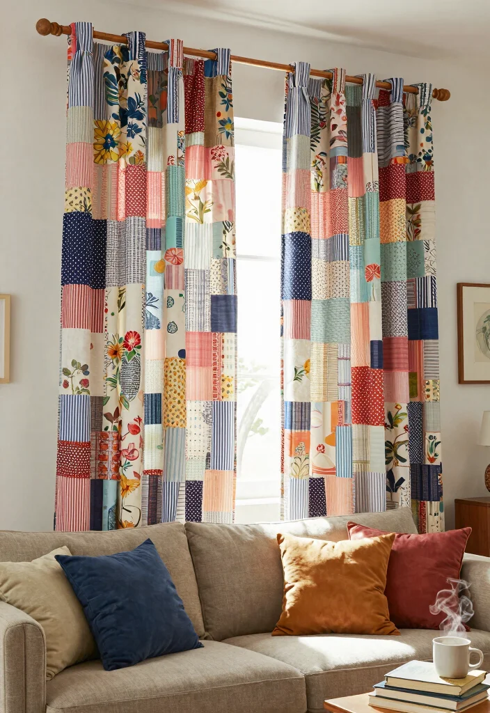 18 Curtain Hacks Living Room Ideas Easy Style Upgrades - 2. Use Fabric Scraps for a Patchwork Effect 1
