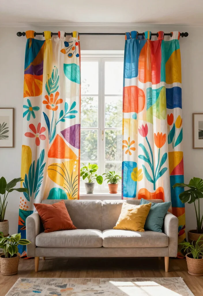 18 Curtain Hacks Living Room Ideas Easy Style Upgrades - 7. Fabric Paint Custom Designs on Plain Curtains 1
