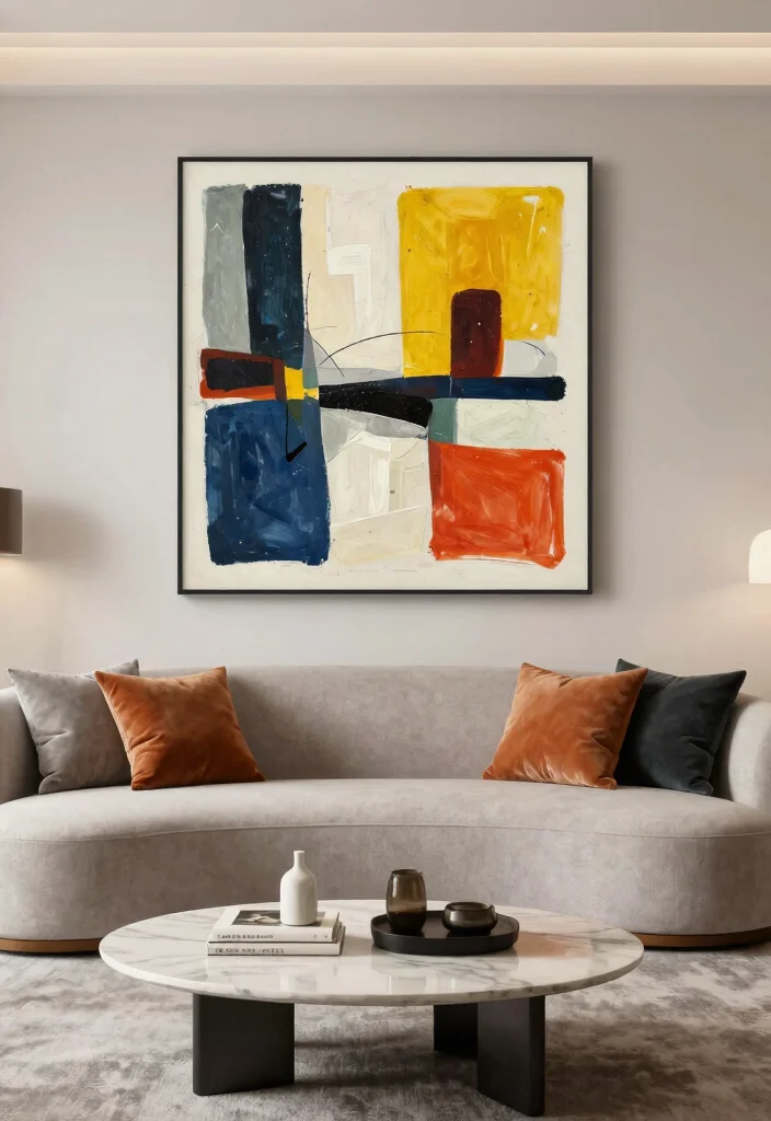 18 Curved Couch Living Room Ideas: Soft Modern Flow - 8. Contemporary Art Accents 1