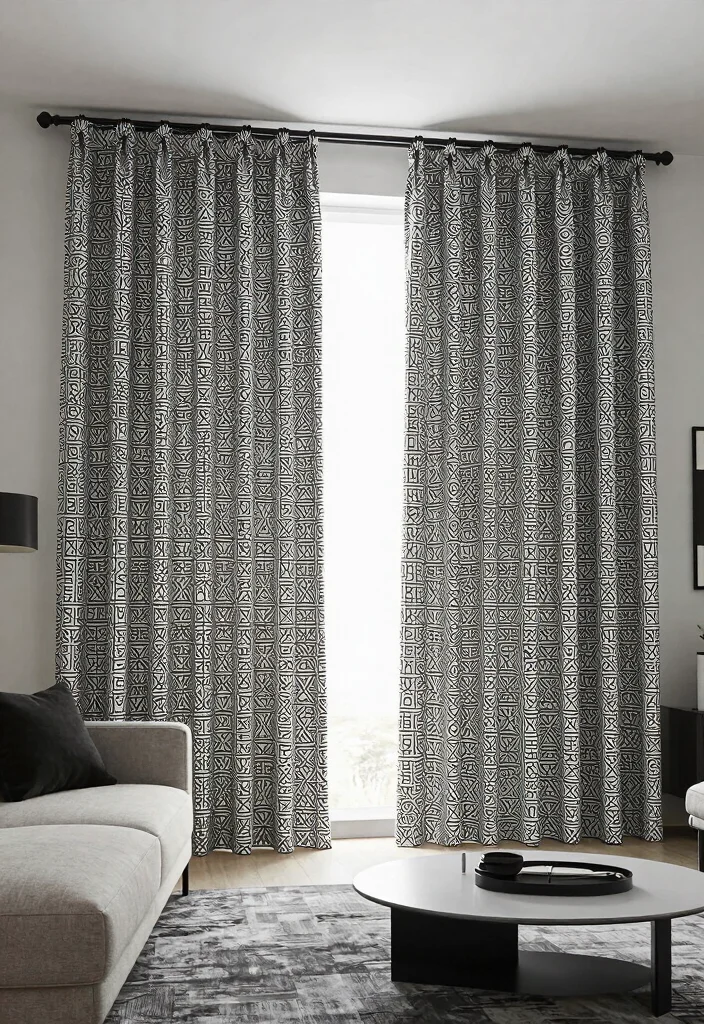 18 Floor to Ceiling Curtains Living Room Ideas for a Tall Elegant Effect - 12. Geometric Patterns for a Modern Edge 1