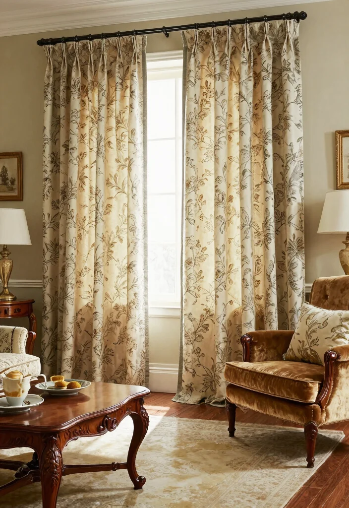 18 Floor to Ceiling Curtains Living Room Ideas for a Tall Elegant Effect - 14. Vintage Inspired Curtains for Timeless Charm 1