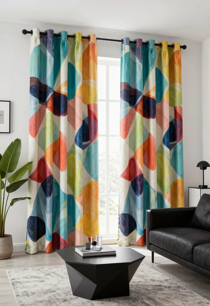 18 Floor to Ceiling Curtains Living Room Ideas for a Tall Elegant Effect - 17. Art-Inspired Curtain Designs 1