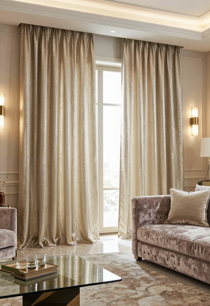 18 Floor to Ceiling Curtains Living Room Ideas for a Tall Elegant Effect - 18. Reflective Materials for a Glamorous Touch 1