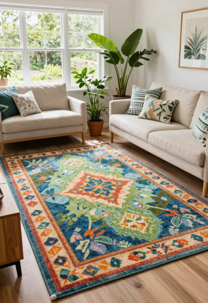 18 Living Room Area Rug Ideas That Anchor the Space - 13. Outdoor-Inspired Rugs for Indoor-Outdoor Flow 1