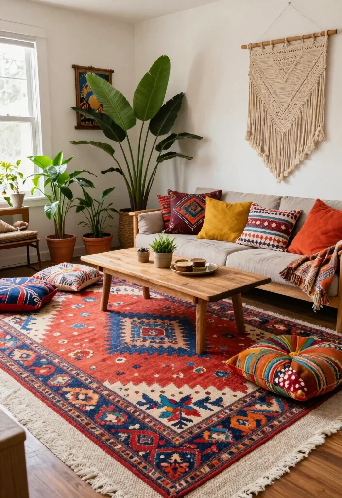 18 Living Room Area Rug Ideas That Anchor the Space - 3. Bohemian Rug Styles for a Cozy Retreat 1