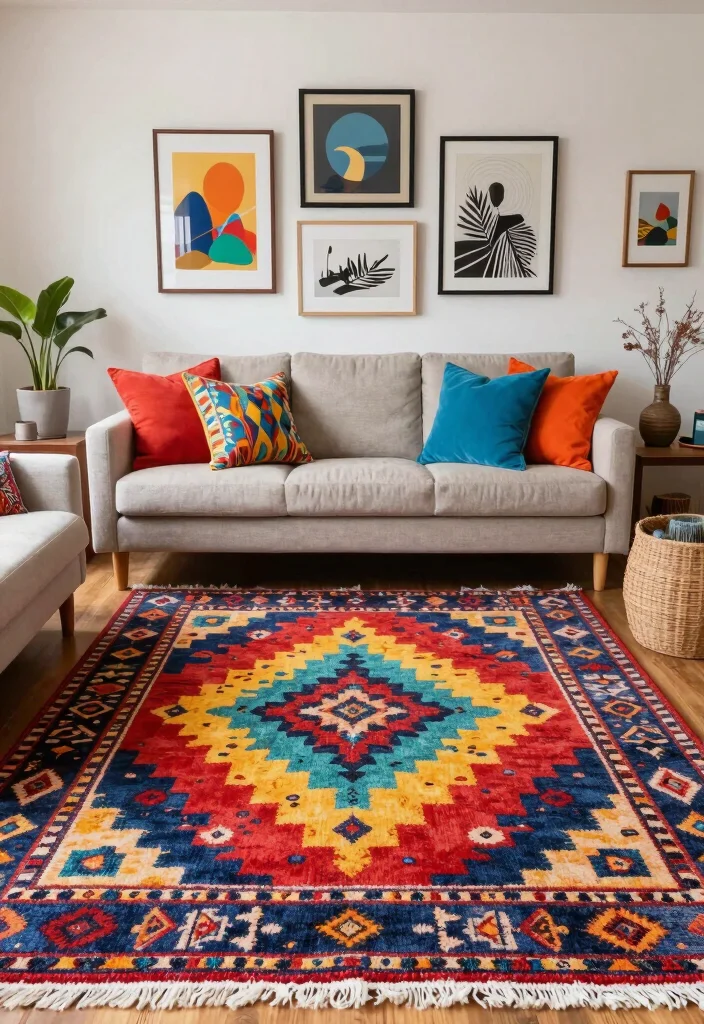 18 Living Room Area Rug Ideas That Anchor the Space - 6. Bold Patterned Rugs for an Artistic Touch 1