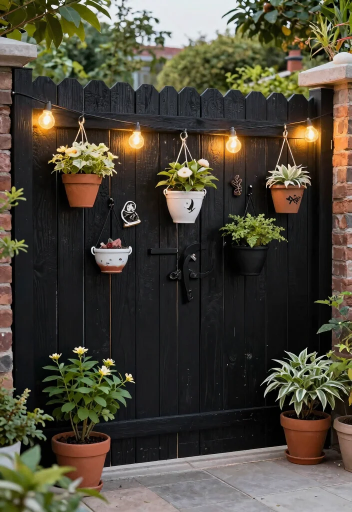 12 Black Wood Fence Ideas That Don't Show Dirt and Weathering - 12. Decorative Elements for Personal Touch 1