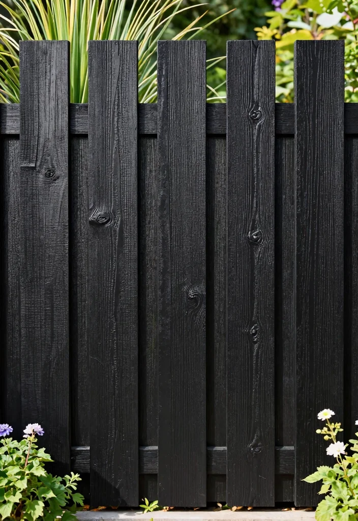 12 Black Wood Fence Ideas That Don't Show Dirt and Weathering - 2. Vertical Panels with Textured Finishes 1