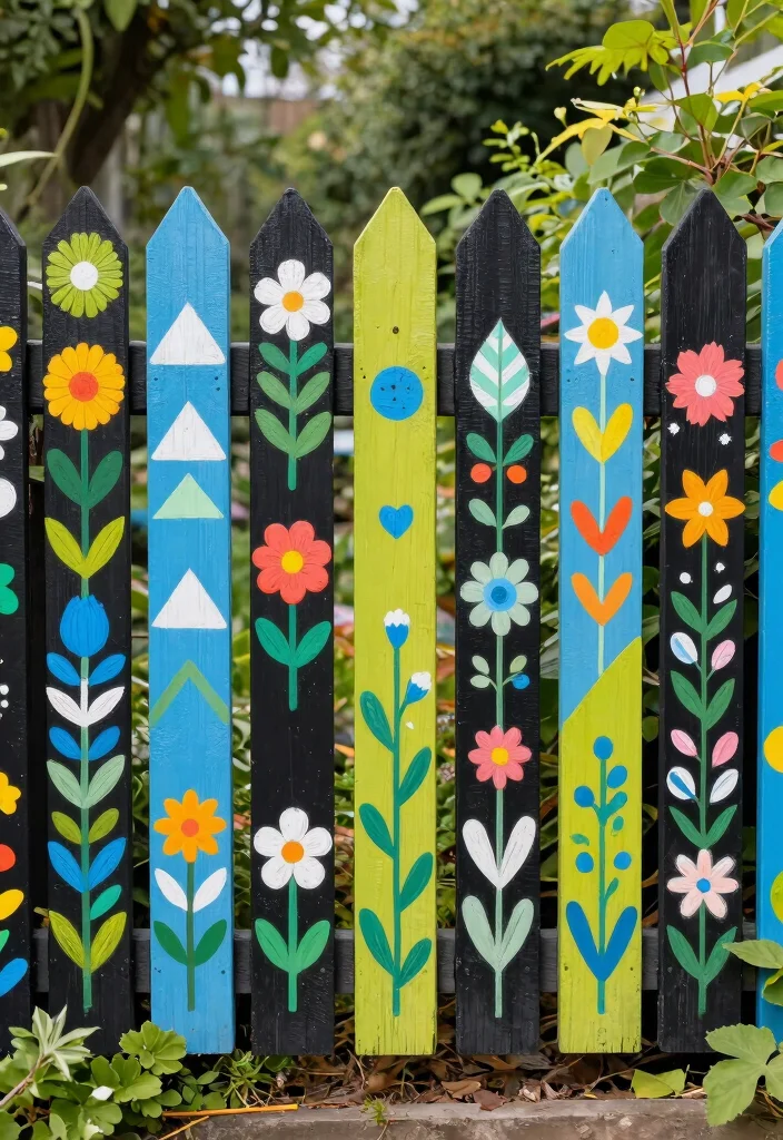 12 Black Wood Fence Ideas That Don't Show Dirt and Weathering - 5. Painted Patterns for Creative Expression 1