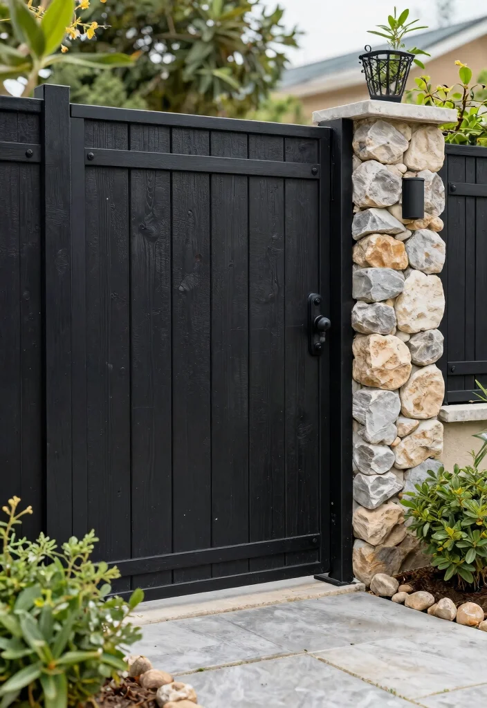 12 Black Wood Fence Ideas That Don't Show Dirt and Weathering - 6. Mixed Materials for Unique Designs 1