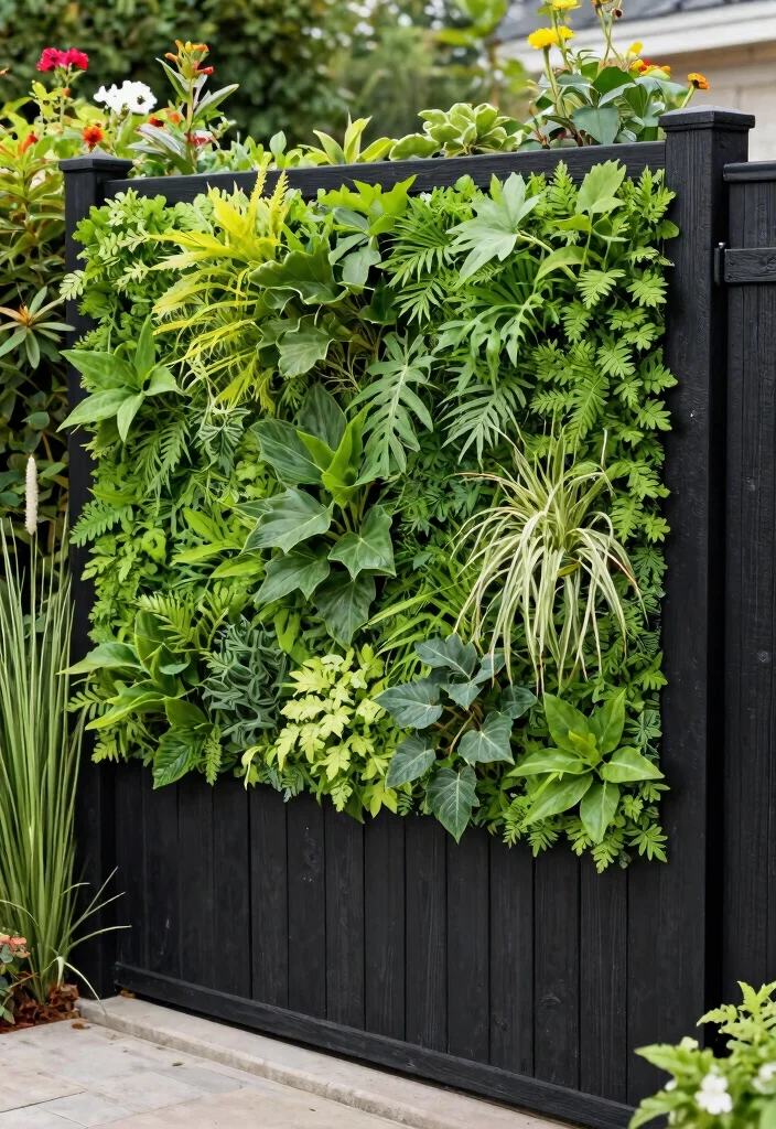 12 Black Wood Fence Ideas That Don't Show Dirt and Weathering - 7. Green Wall Integration for Eco-Friendly Living 1