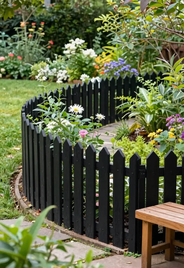 12 Black Wood Fence Ideas That Don't Show Dirt and Weathering - 8. Curved Fencing for a Distinct Look 1